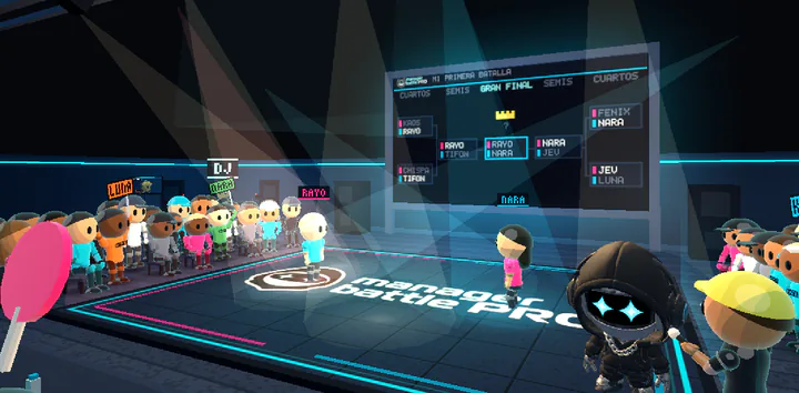 Una noche de batalla en el mundo virtual 3D de Manager Battle Pro: DAKBOT, el cuadro en la pantalla grande y la pista con los bailarines