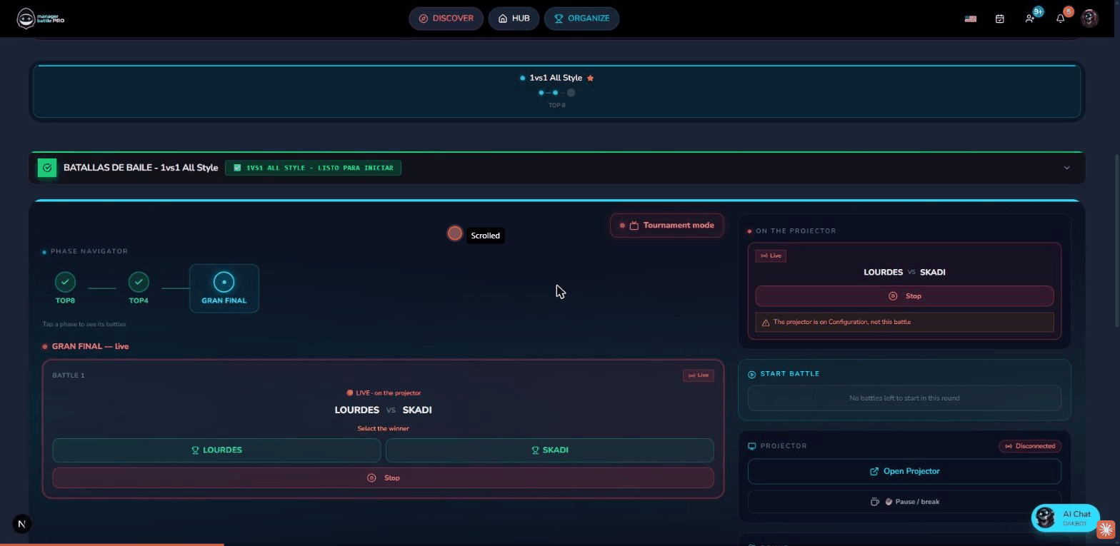 Llaves TOP 8 en vivo: eliges al ganador y el proyector lo muestra al instante.